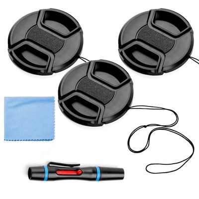 86mm Lens Cap Bundle, 3 Pack Universal Snap on Front Centre Pinch Lens Cover Set with Microfiber Lens Cleaning Cloth for Canon Nikon Sony Olympus DSLR Camera + Camera Lens Cleaning Pen