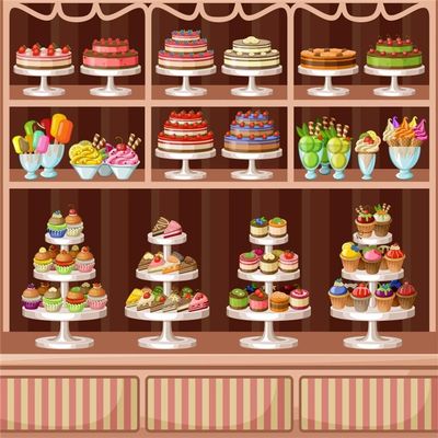 AOFOTO 5x5ft Cake Shop Backdrop Bakery Sweets Cake Bar Shelves Background for Photography Ice Cream Dessert Store Kids Birthday Party Decoration Newborn Baby Portrait Photoshoot Studio Props Vinyl