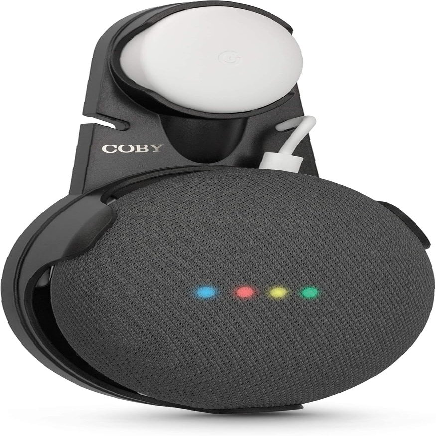 Coby Wall-Outlet Mount, Smart Speaker Holder, Nonslip Cable-Management Wall Mount for AC Power Outlets, Compatible with First- and Second-Gen Google Home Mini Speaker (Not Included), Black