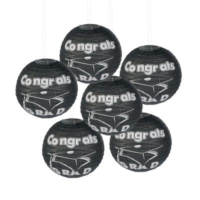 Fun Express Congrats Grad Black Paper Lanterns - 12" Hanging Graduation Party Decor - 6 Pieces - Festive Lanterns for Celebrations