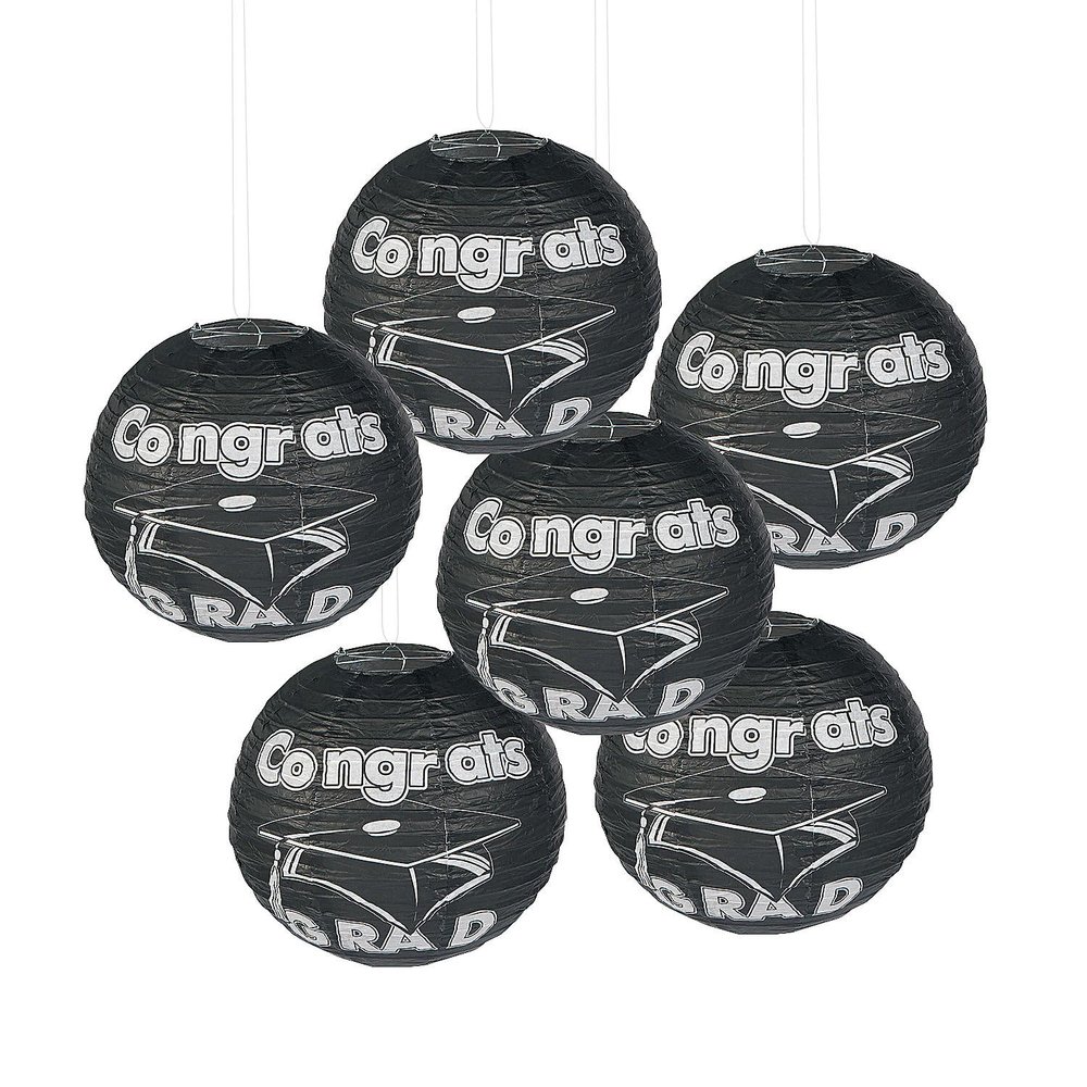 Fun Express Congrats Grad Black Paper Lanterns - 12" Hanging Graduation Party Decor - 6 Pieces - Festive Lanterns for Celebrations