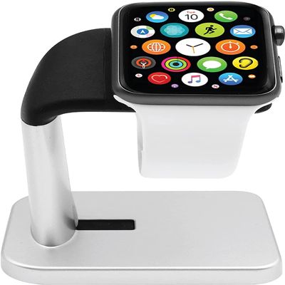 Macally Apple Watch Stand for Series Ultra 11,10, 9, 8, 7, 6, 5, 4, 3, 2, 1, SE (49mm 45mm 44mm 42mm 41mm 40mm 38mm) - Apple Watch Charger Stand Dock Holder - Desk iWatch Charging Station - Silver