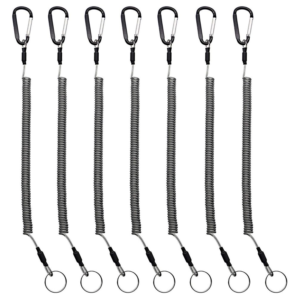 BB Hapeayou Coiled Lanyard (7pcs) Safety Retractable Coiled Tether with Carabiner for Fishing, Pliers, Boating, Tool (Black)