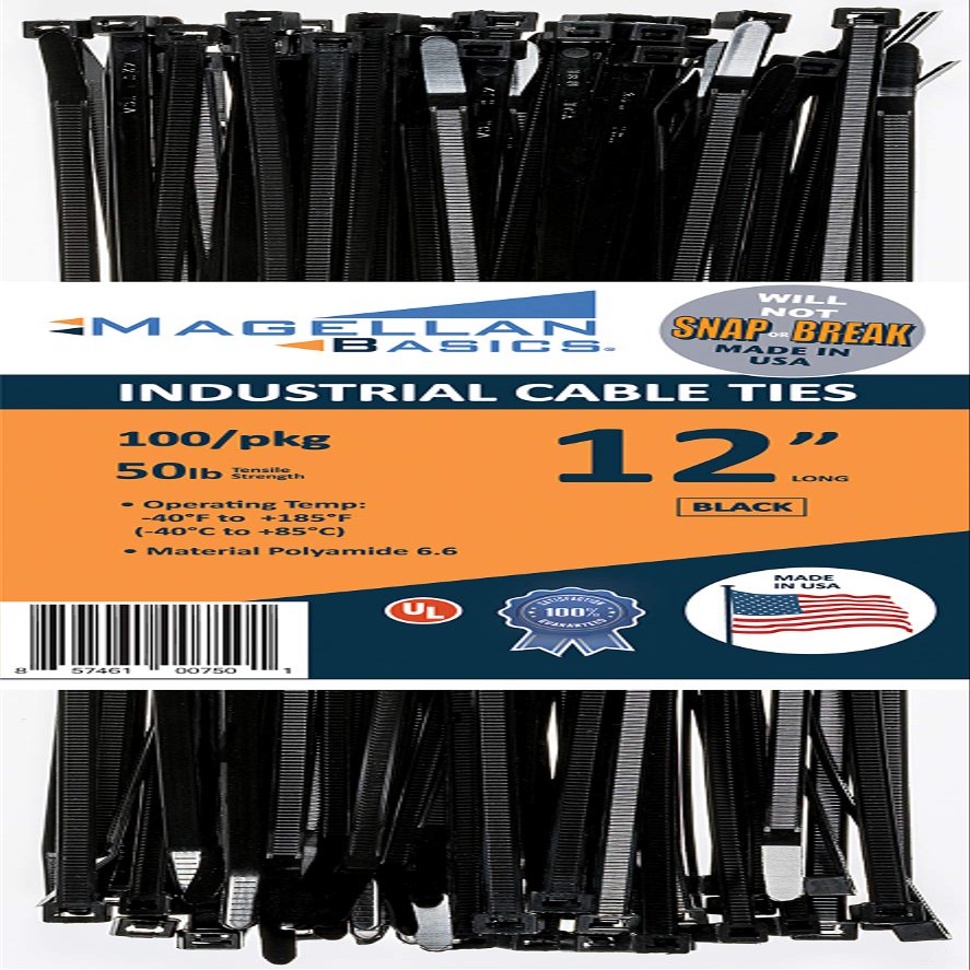 100 Pack Cable Zip Ties Heavy Duty"Made in the USA" 12 inch, Black (Made in the USA will not Break or Snap)