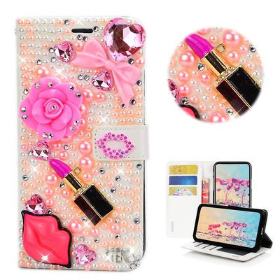 STENES Bling Case Compatible with ZTE Maven 3 - Stylish - 3D Handmade Lips Lipstick Rose Flowers Bowknot Magnetic Wallet Leather Cover Compatible with ZTE Maven 3 - Pink
