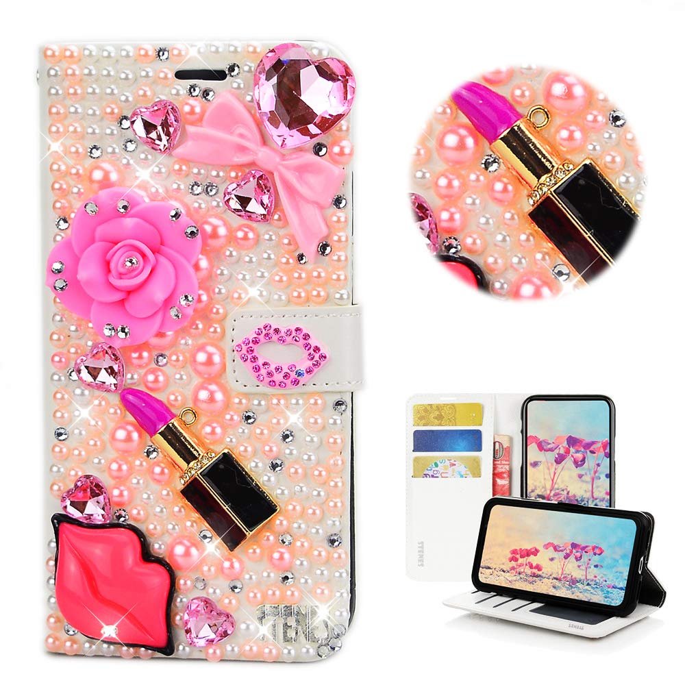 STENES Bling Case Compatible with ZTE Maven 3 - Stylish - 3D Handmade Lips Lipstick Rose Flowers Bowknot Magnetic Wallet Leather Cover Compatible with ZTE Maven 3 - Pink