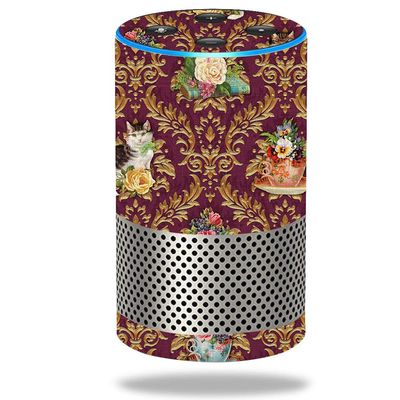 MightySkins Skin Compatible with Amazon Echo (2nd Gen) - Teatime Cat Damask | Protective, Durable, and Unique Vinyl Decal wrap Cover | Easy to Apply, Remove, and Change Styles | Made in The USA