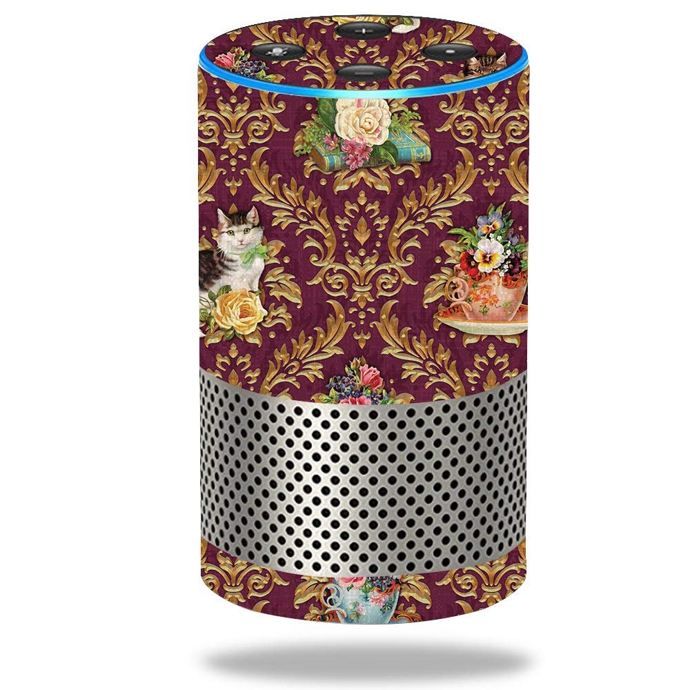 MightySkins Skin Compatible with Amazon Echo (2nd Gen) - Teatime Cat Damask | Protective, Durable, and Unique Vinyl Decal wrap Cover | Easy to Apply, Remove, and Change Styles | Made in The USA