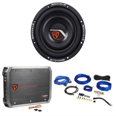 Rockville W8T4-S4 Bundle: 8 in 1000-Watt Peak/250-Watt RMS Shallow Mount 4-ohm Car Subwoofer, RXA-T1 2-Channel Amplifier, RWK81 8-Gauge Amp Installation kit, 3-Items