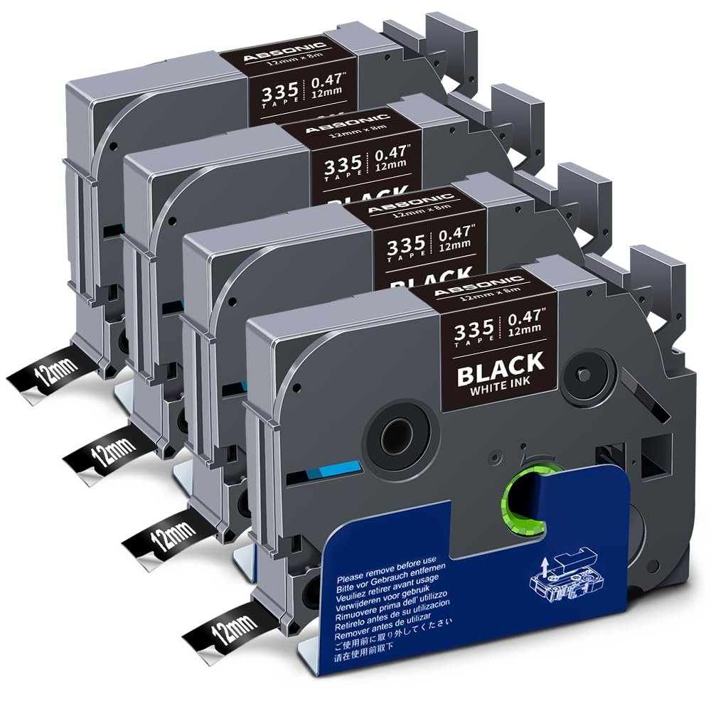 Absonic Tz-335 White on Black Label Tape Compatible for Brother Tze-335 P Touch Label Tape Tze Tz 12mm 0.47 Laminated Black for Ptouch Label Maker PTD220 PTH110 PTD210 PTD600 PTD400 PT1880, 4 Pack