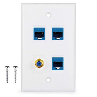 4 Port Wall Plate with Gold-Plated Coaxial TV Cable F Type + 3 Port Cat6 Ethernet Female to Female Jack in White 