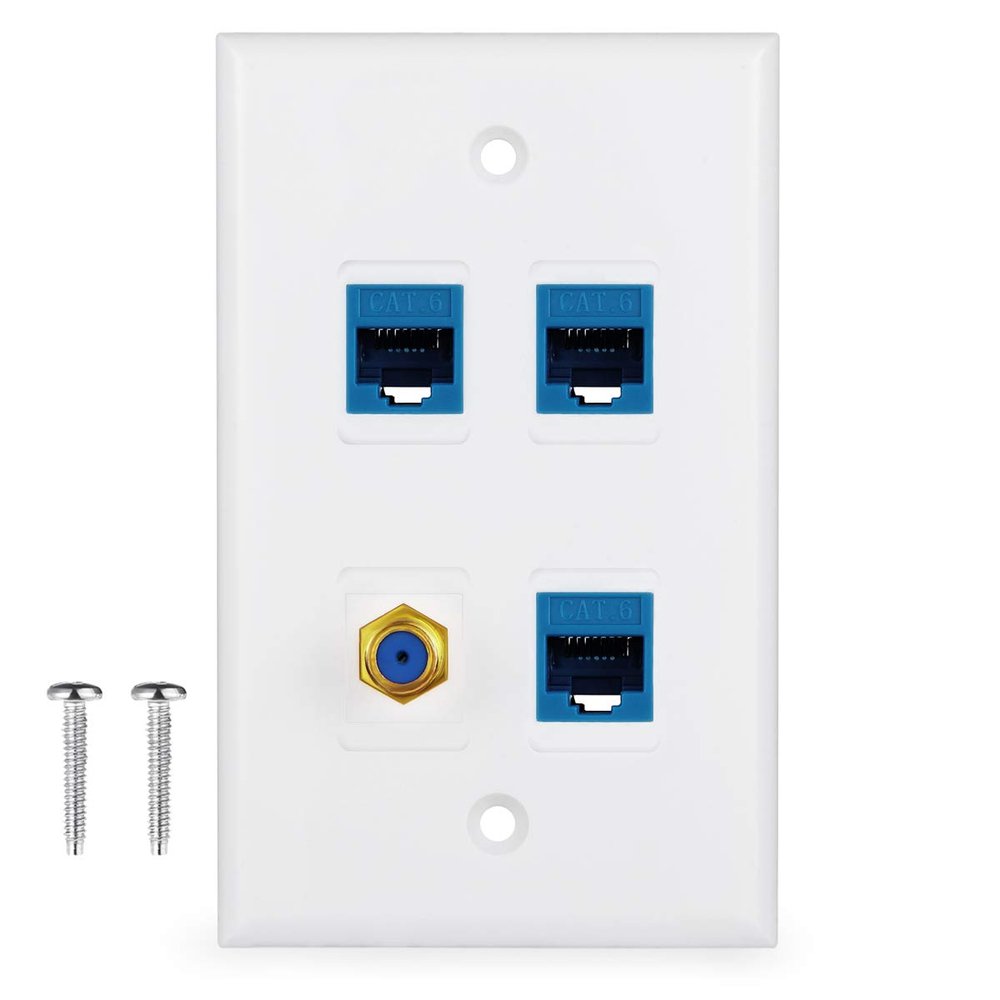 4 Port Wall Plate with Gold-Plated Coaxial TV Cable F Type + 3 Port Cat6 Ethernet Female to Female Jack in White 