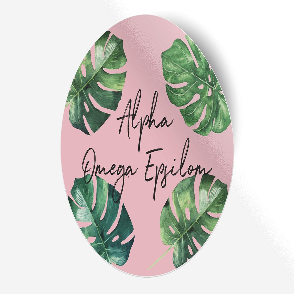 Alpha Omega Epsilon Sticker Greek Sorority Decal for Car, Laptop, Windows, Officially Licensed Product, Monogram Design 5" x 5" - Pink Palm