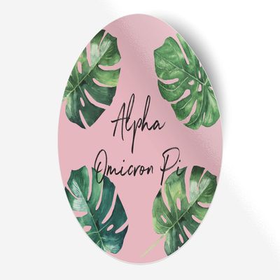 Alpha Omicron Pi Sticker Greek Sorority Decal for Car, Laptop, Windows, Officially Licensed Product, Monogram Design 5" x 5" - Pink Palm