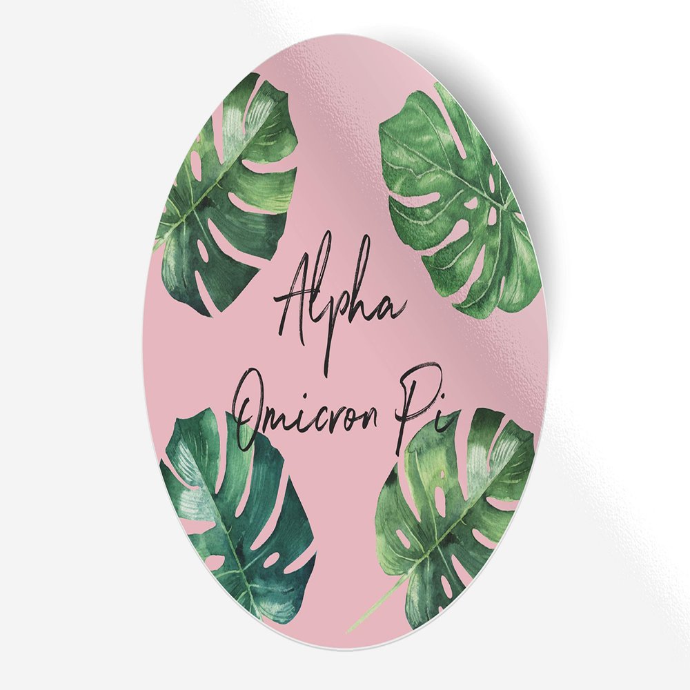 Alpha Omicron Pi Sticker Greek Sorority Decal for Car, Laptop, Windows, Officially Licensed Product, Monogram Design 5" x 5" - Pink Palm