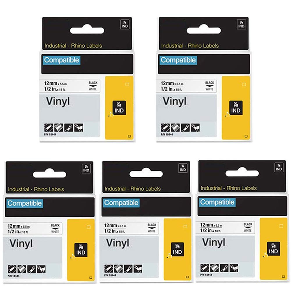 18444 Vinyl Label Tape 1/2" Replacement for DYMO Rhino 18444 Industrial Permanent Vinyl Tapes Black on White 1/2 inch x 18 feet Compatible with DYMO Rhino 4200 5000 5200 6000 Label Maker, 5pack