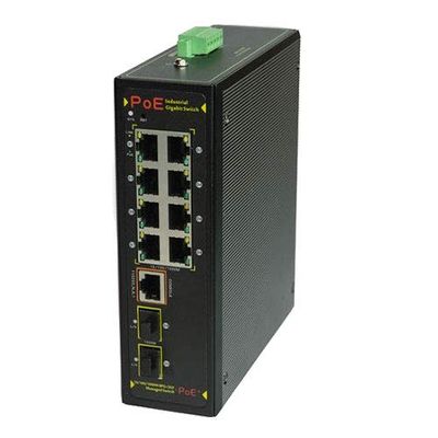 10 Port L2+ Manageable GigE Industrial PoE Netwrk Switch, 8X 802.3at ModeA PoE + 2X SFP/LC Fiber + 1x Serial Console Port, DIN Rail Mt, 12-57VDC Wire Term in (PoE Needs > 46V in), -40 to +80C Op Temp