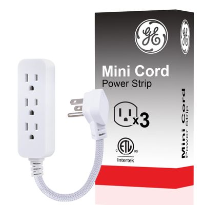 GE 3-Outlet Power Strip Surge Protector 5 Inch Braided Extension Cord with Multiple Outlets Grounded Flat Plug ETL Listed White 45190