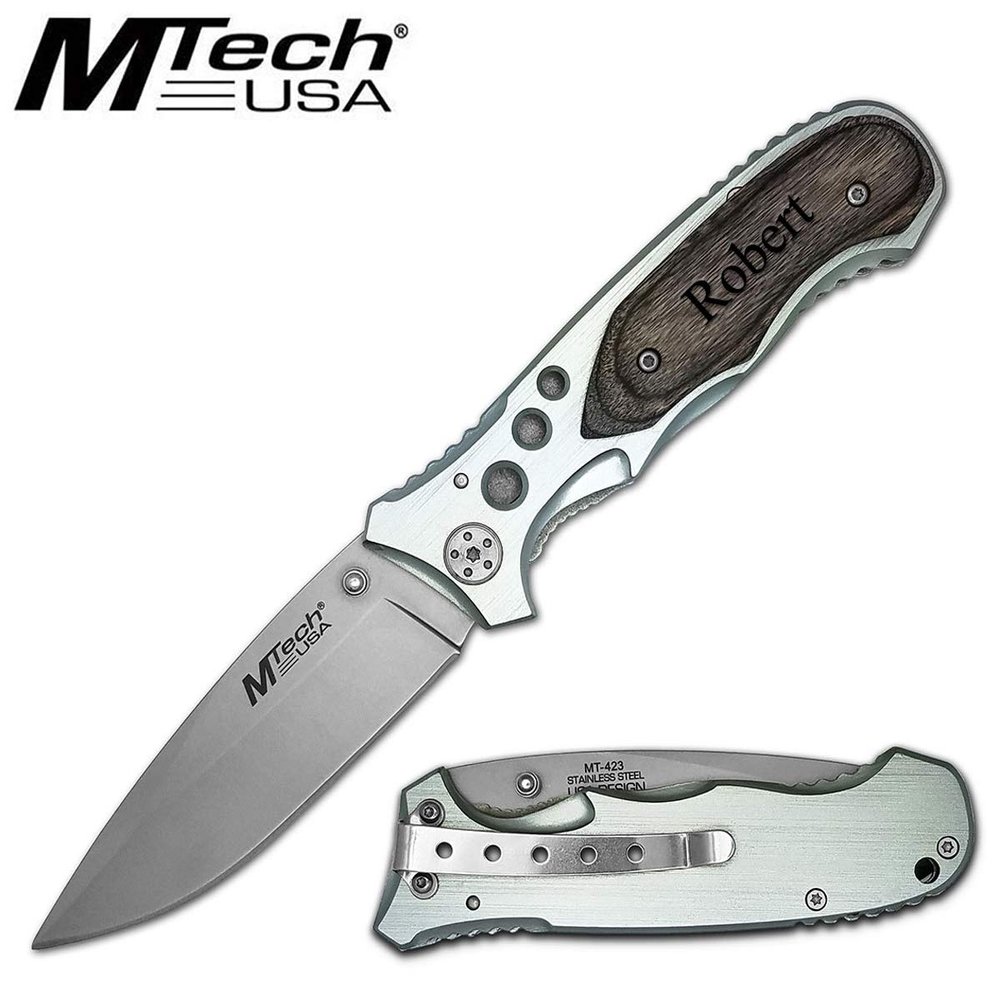 Personalized Laser Engraved Pocket Knife, Fathers Dad for Day, Groomsmen Gift, Graduation Gifts, Gifts for Men, (MT-423 GY)