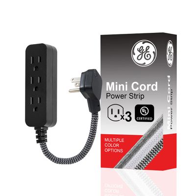 GE 3-Outlet Power Strip Mini Extension Cord with Multiple Outlets 5 Inch Braided Short Cord Extension Cord Grounded Flat Plug UL Listed Black 45191