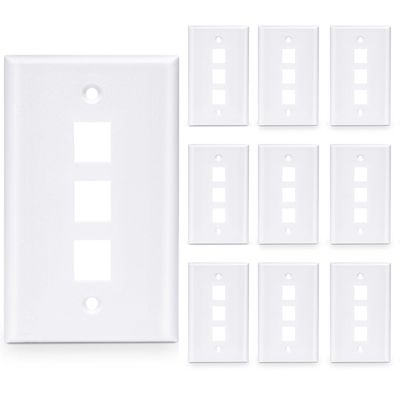 10-Pack 3 Port Keystone Wall Plate, Triple Gang White Jack Insert for Ethernet, Coax, HDMI Standard Size WallPlate Cover for Home & Office