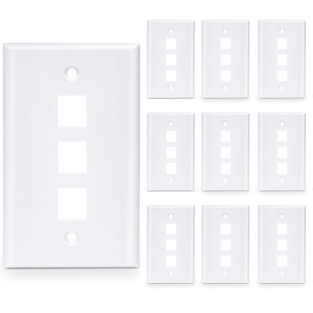 10-Pack 3 Port Keystone Wall Plate, Triple Gang White Jack Insert for Ethernet, Coax, HDMI Standard Size WallPlate Cover for Home & Office
