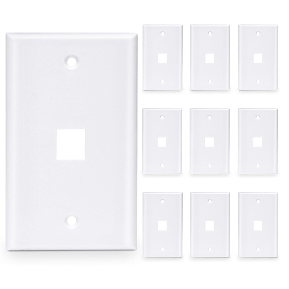 10-Pack 1 Port Keystone Wall Plate, Single Gang White Jack Insert for Ethernet, Coax, HDMI  Standard Size WallPlate Cover for Home & Office
