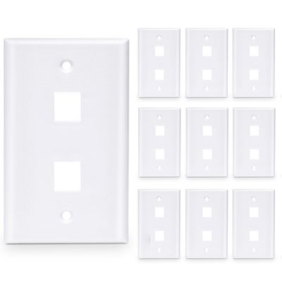 10-Pack 2 Port Keystone Wall Plate, Dual Gang White Jack Insert for Ethernet, Coax, HDMI Standard Size WallPlate Cover for Home & Office