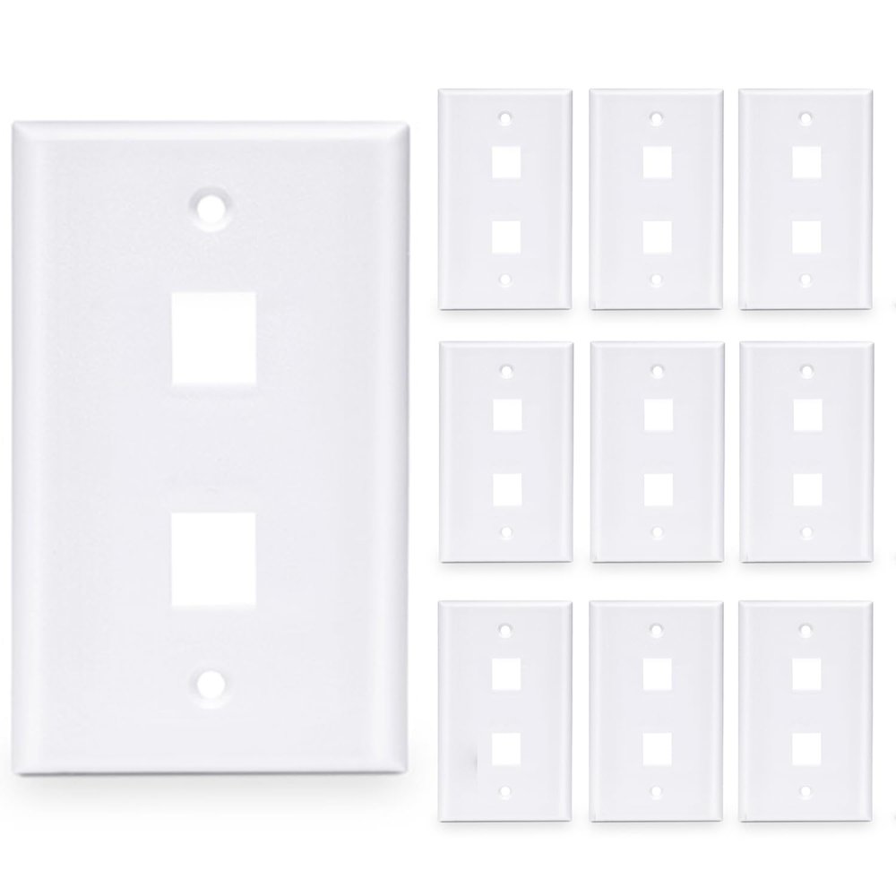 10-Pack 2 Port Keystone Wall Plate, Dual Gang White Jack Insert for Ethernet, Coax, HDMI Standard Size WallPlate Cover for Home & Office