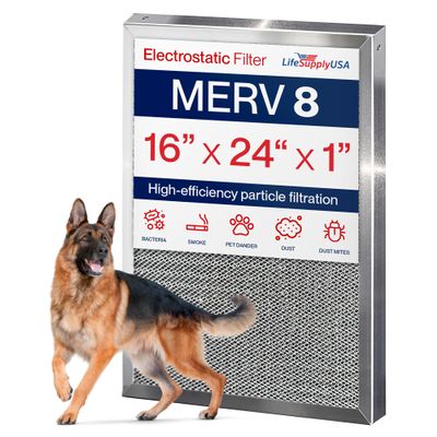 16x24x1 Electrostatic Air Filter, MERV 8, Washable, Reusable Furnace AC/HVAC Filter, Energy Saving, Easy to Clean, Long-Lasting by LifeSupplyUSA