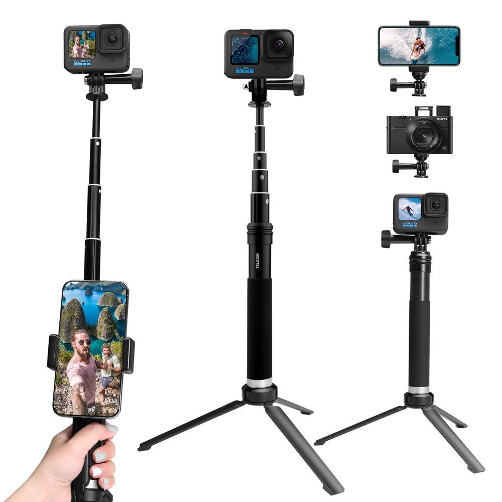 AFAITH Selfie Stick for GoPro Hero 13 12 11 10 9 8 7 6 5 4 Mini Max Session, Insta360, DJI OSMO Action Camera, Aluminum Alloy GoPro Selfie Stick with Stable Tripod Waterproof Handheld Monopod