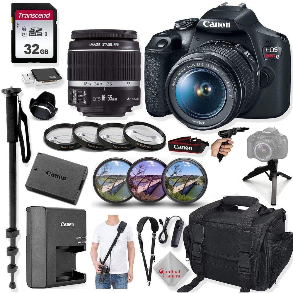 Canon EOS Rebel T7 DSLR Camera with 24.1 Megapixels, 18-55mm Lens, Quick Release Shoulder Strap, Monopod, Gripster Tripod & Prime Accessory Bundle