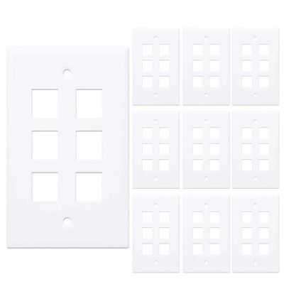10-Pack 6 Port Keystone Wall Plate, Hexa Gang White Jack Insert for Ethernet, Coax, HDMI Standard Size WallPlate Cover for Home & Office