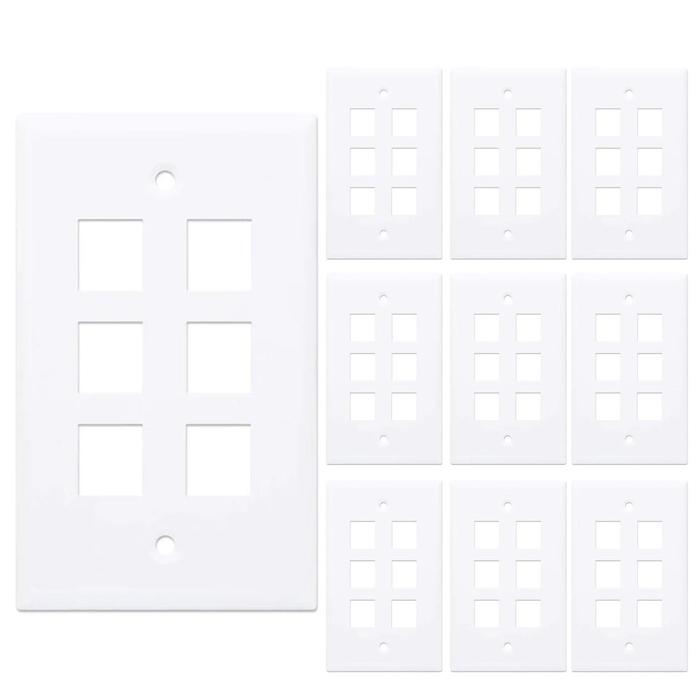 10-Pack 6 Port Keystone Wall Plate, Hexa Gang White Jack Insert for Ethernet, Coax, HDMI Standard Size WallPlate Cover for Home & Office