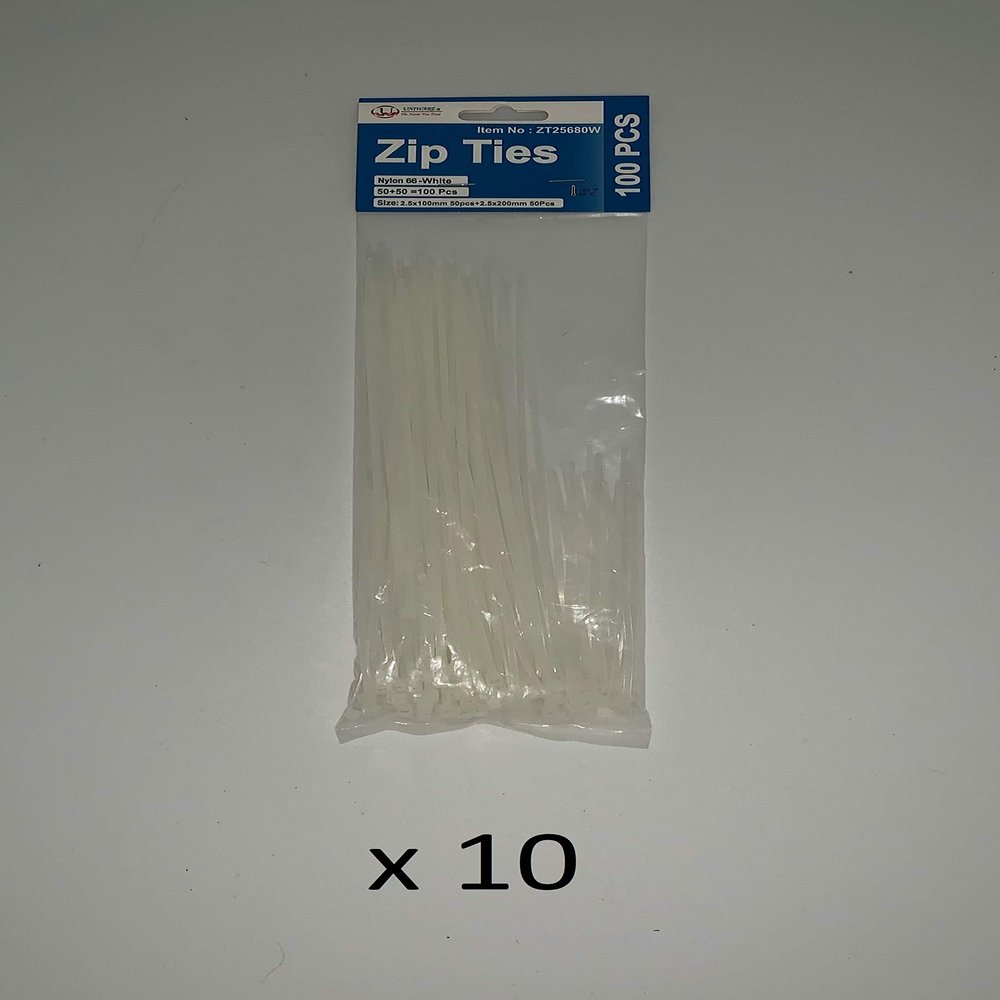 1000 Zip Ties (2.5mm thickness) ((4" x500 pieces) + (8" x500 pieces)) (White)