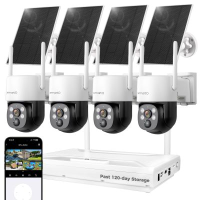 XMARTO Solar Camera Outdoor Wireless, 4 PCs QHD 4MP Wireless PTZ Security Camera System with 4K 10CH Expandable WiFi NVR, All-Weather Solar Charge, Two-Way Audio, PIR Sensor, 360 View, No Monthly Fee
