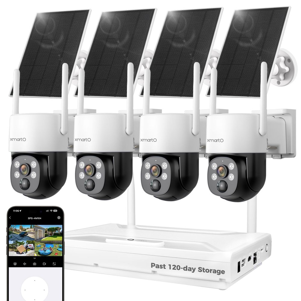 XMARTO Solar Camera Outdoor Wireless, 4 PCs QHD 4MP Wireless PTZ Security Camera System with 4K 10CH Expandable WiFi NVR, All-Weather Solar Charge, Two-Way Audio, PIR Sensor, 360 View, No Monthly Fee