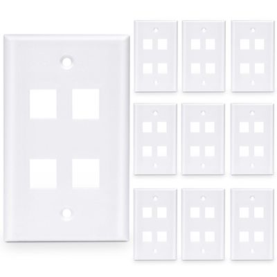 10-Pack 4 Port Keystone Wall Plate, Quad Gang White Jack Insert for Ethernet, Coax, HDMI Standard Size WallPlate Cover for Home & Office