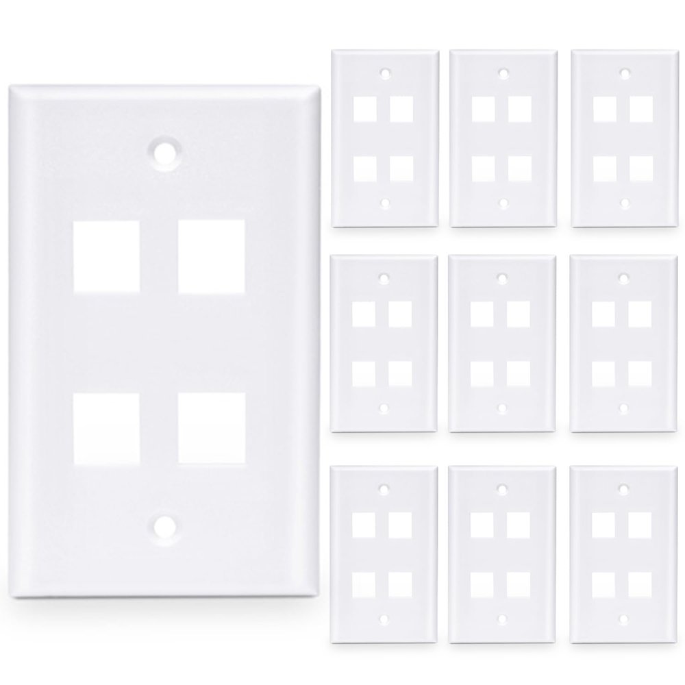 10-Pack 4 Port Keystone Wall Plate, Quad Gang White Jack Insert for Ethernet, Coax, HDMI Standard Size WallPlate Cover for Home & Office