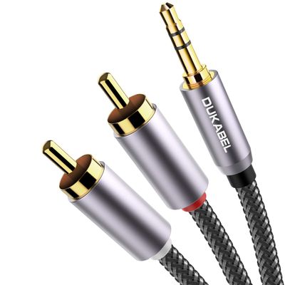 DUKABEL Top Series Long RCA Cables (8 Feet / 2.4 Meters), 2-Male RCA to 3.5mm AUX Audio Cable with Crystal-Nylon Braided/ 24K Gold Plated/ 99.99% 4N OFC Conductor