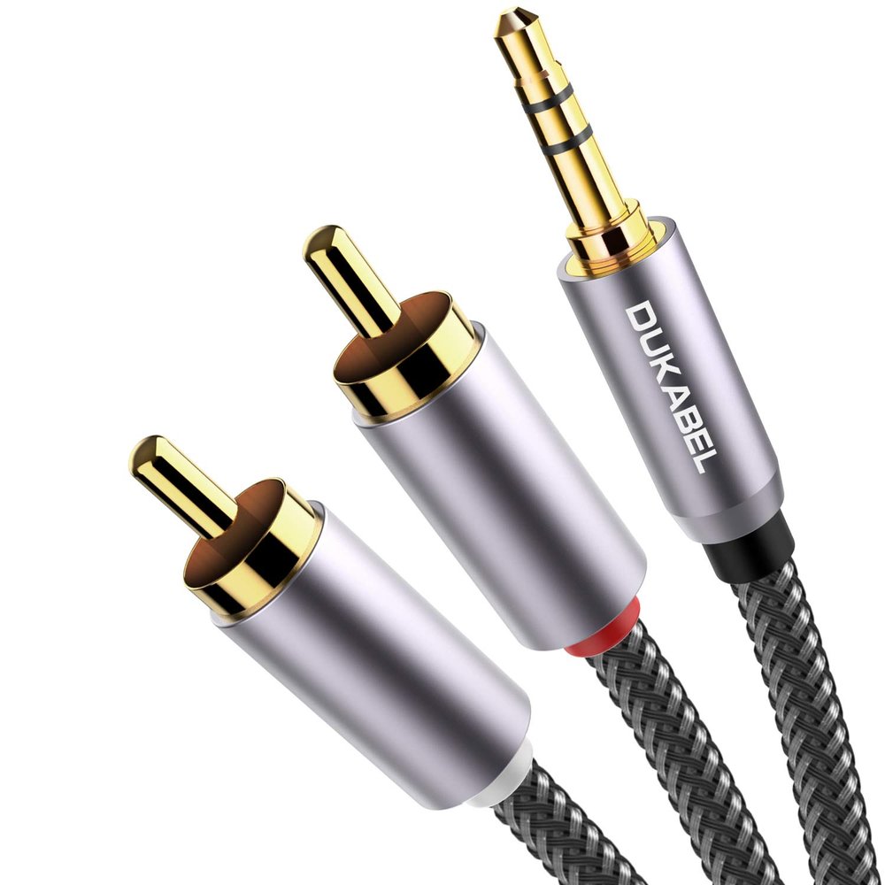 DUKABEL Top Series Long RCA Cables (8 Feet / 2.4 Meters), 2-Male RCA to 3.5mm AUX Audio Cable with Crystal-Nylon Braided/ 24K Gold Plated/ 99.99% 4N OFC Conductor