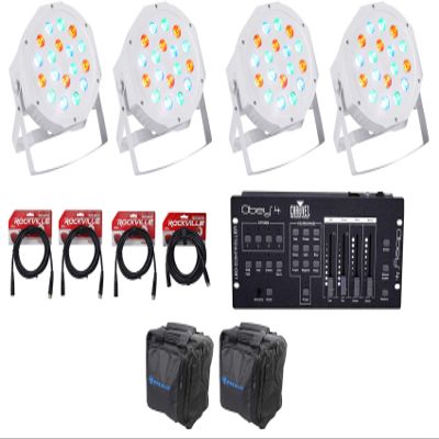 (4) FARENHEIT FHB-118 LED RGB DMX LED PAR Can Wash Lights+Controller+Cables+Bag