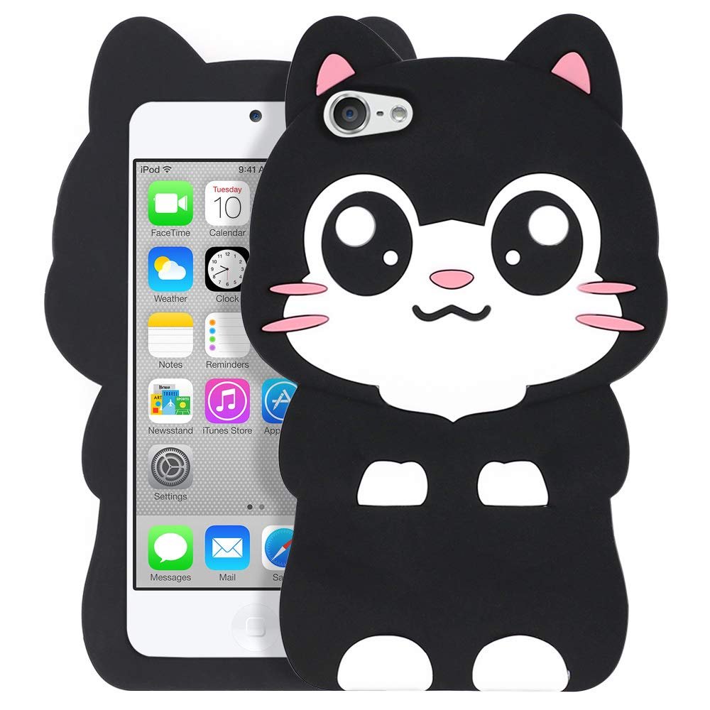 YONOCOSTA Cute iPod Touch 7 Case, Big Eye Black Cat iPod Touch 6 Case, Kitty iPod Touch 5 Cases, Funny Kawaii Animals 3D Cartoon Soft Silicone Shockproof Cover for Girls Women