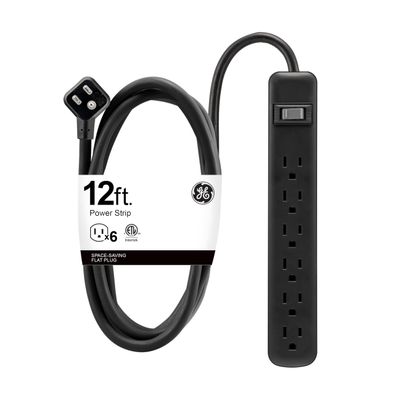 GE 6 Outlet Power Strip, 12 Ft Long Extension Cord, 3 Prong Outlets, UL Listed, Black, 45192