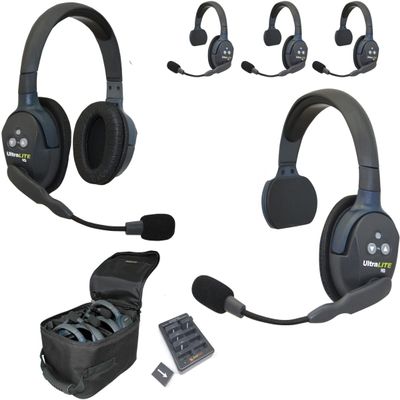 EARTEC UL541 5-Person Full Duplex Wireless Intercom with 4 Ultralite Single Ear Headsets and 1 Double Ear Headset