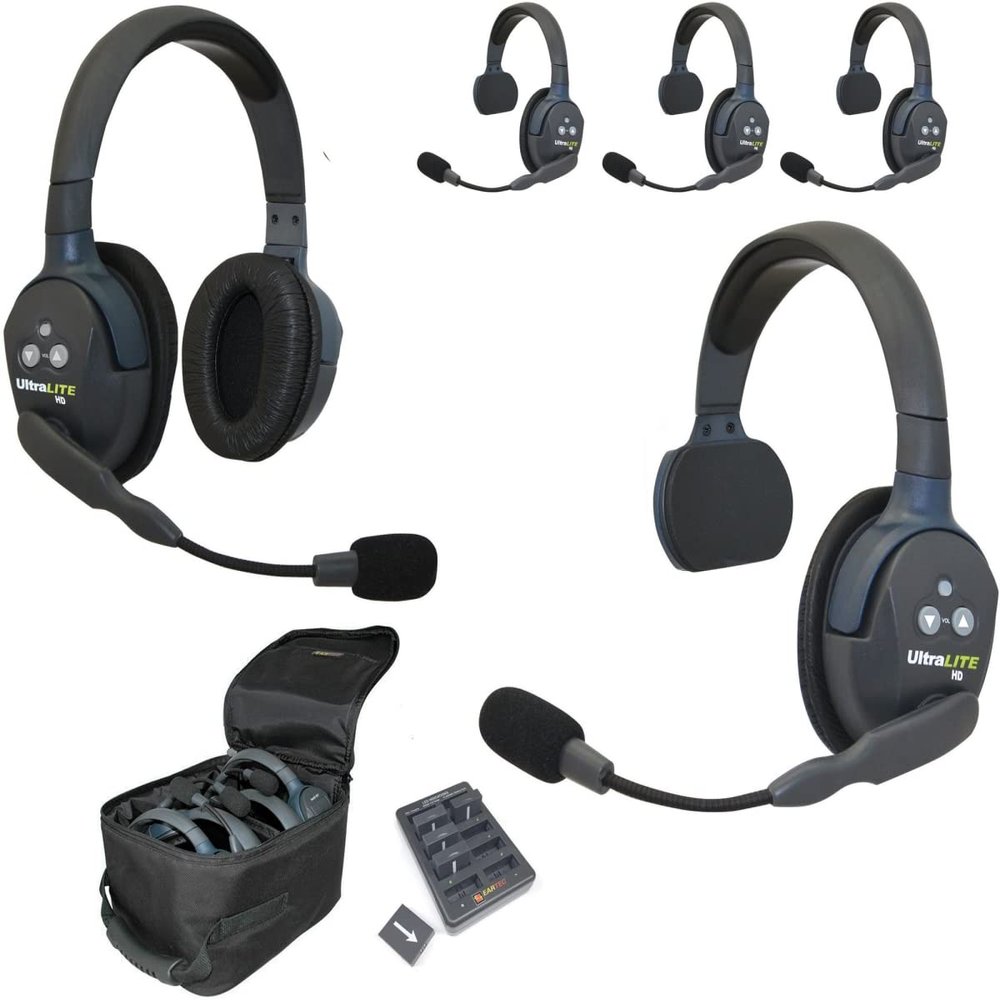 EARTEC UL541 5-Person Full Duplex Wireless Intercom with 4 Ultralite Single Ear Headsets and 1 Double Ear Headset