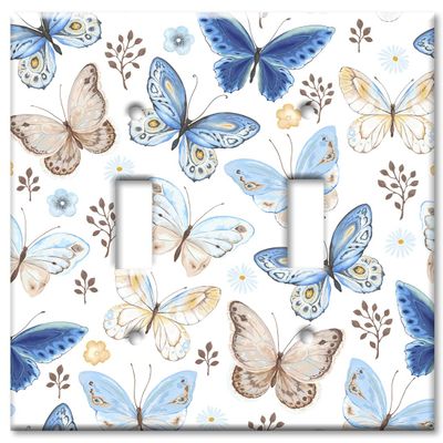 Art Plates 2 Gang Toggle Decorative Metal Wall Plate - Blue and Tan Butterfly Toss - (Made in USA)