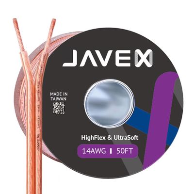 JAVEX 14-Gauge AWG Audio Speaker Wire Cable (50 FT), [OFC Oxygen-Free Copper] Thin Flat Cable for Automotive Car Stereo Audio, HI-FI Stereo, Home Theater