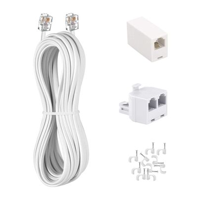 KINXIYU Phone Cord 25FT, Landline Telephone Cable with RJ11 Plug, Includes Telephone Inline Coupler RJ11 Splitter and 10pcs Cable Clips(White)