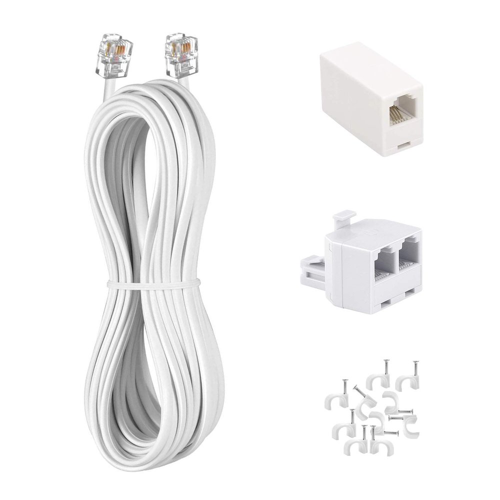 KINXIYU Phone Cord 25FT, Landline Telephone Cable with RJ11 Plug, Includes Telephone Inline Coupler RJ11 Splitter and 10pcs Cable Clips(White)